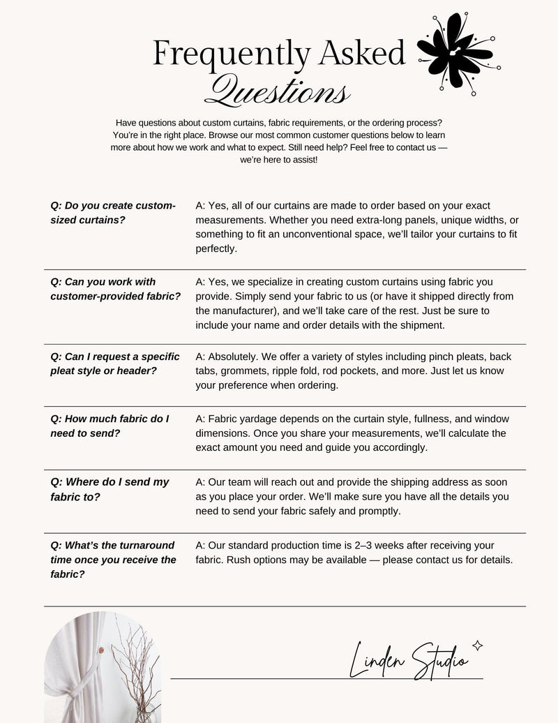 Linden Studio FAQ sheet with customer service questions and answers on a white background