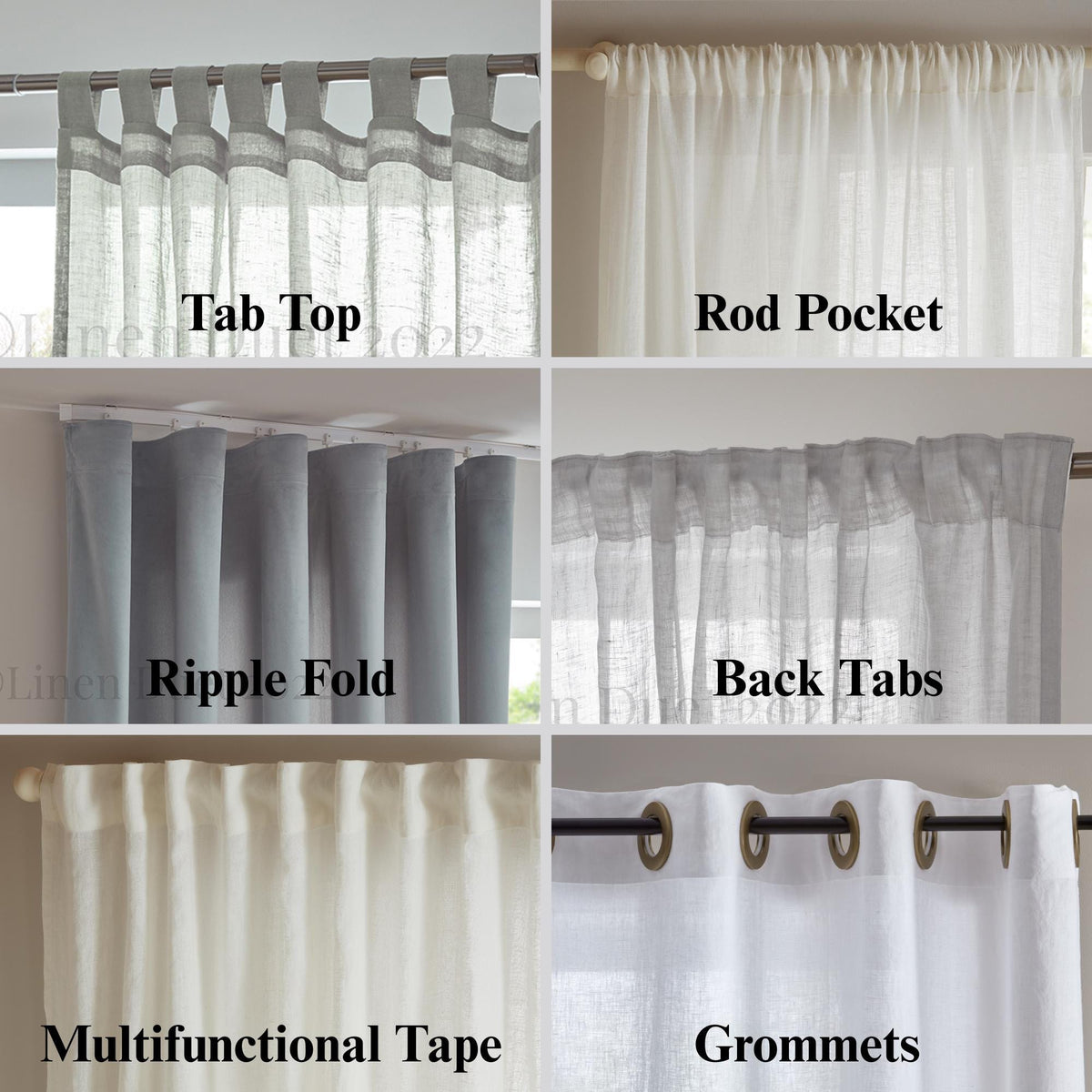 Collage of different types of curtains with labels on a neutral background