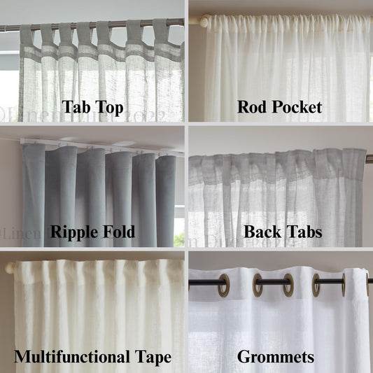 Collage of different types of curtains with labels on a neutral background