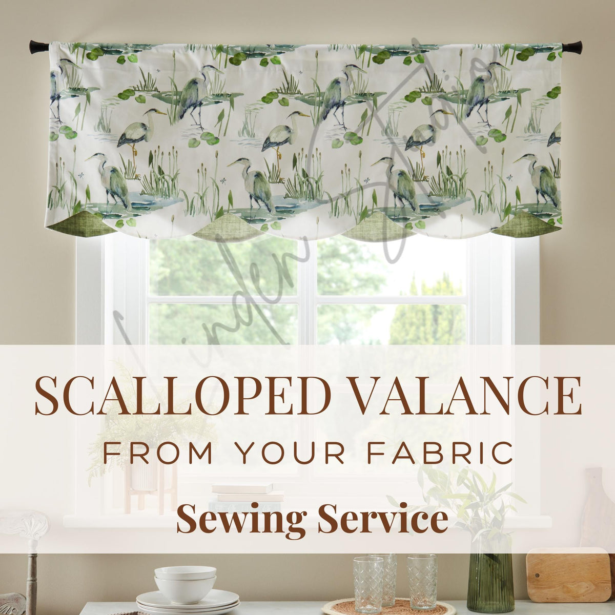 Scalloped valance with bird and nature pattern in a room with a window and table.