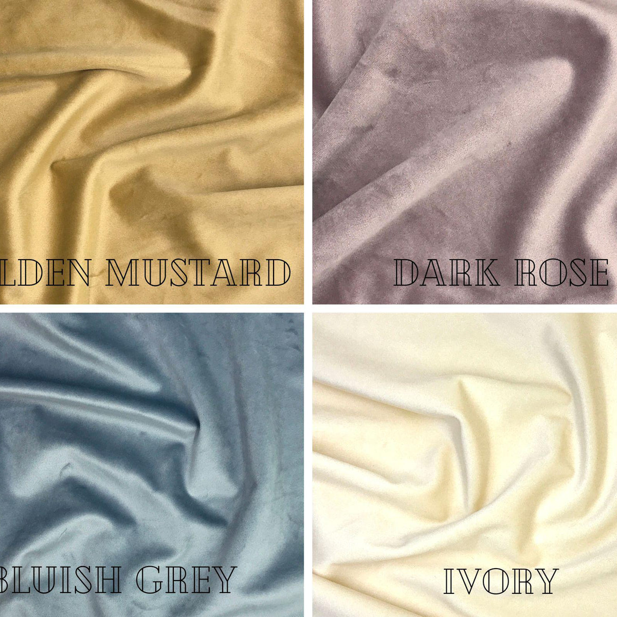 Four fabric swatches labeled 'Golden Mustard', 'Dark Rose', 'Bluish Grey', and 'Ivory'.
