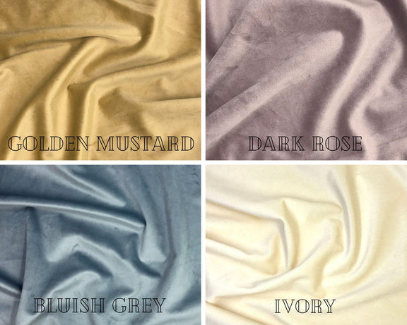 Four fabric swatches labeled 'Golden Mustard', 'Dark Rose', 'Bluish Grey', and 'Ivory'.